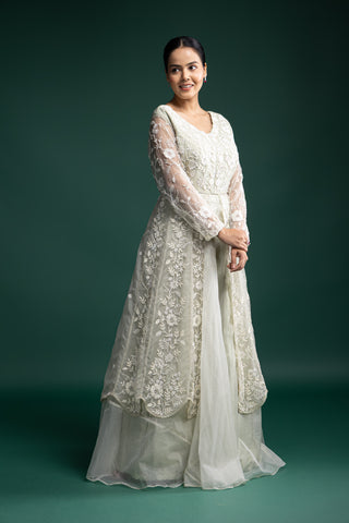 Mint Green Sheer Embroidered Net Jacket with Inner Dress