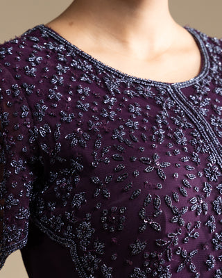 Imperial Plum Hand-Embroidered Gown with Flowy Skirt Detailing