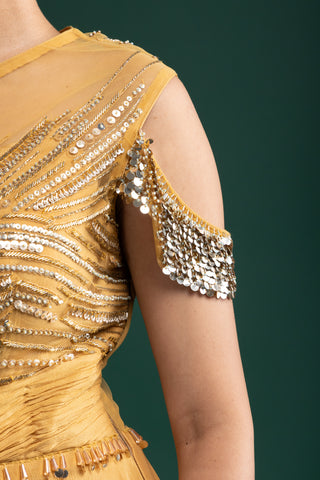 Elegant Golden Mustard Gown with Cut-out Sleeve Embellishment