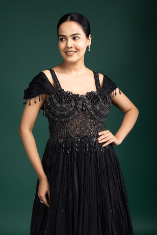 Midnight Noir Hand Embroidered Gown with Dramatic Tassel Detailing