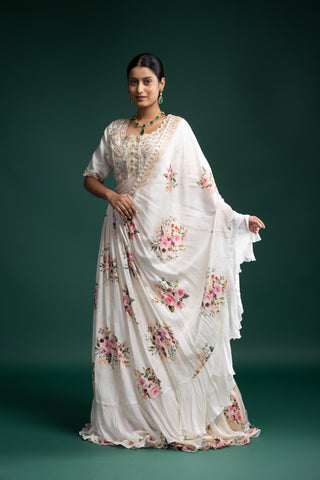 Ivory Floral Printed Ruffle Gown with Detailed Blouse Bodice