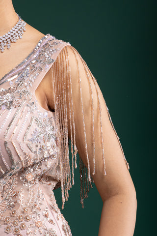 Statement Mauve Pink Embellished Gown with Beaded Fringe Sleeves