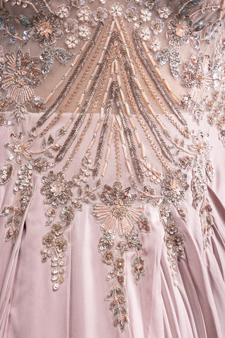Statement Mauve Pink Embellished Gown with Beaded Fringe Sleeves