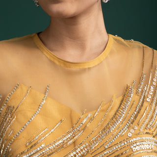 Elegant Golden Mustard Gown with Cut-out Sleeve Embellishment