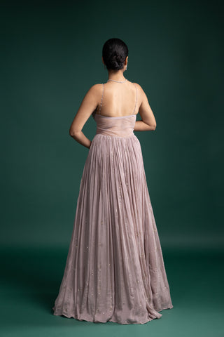 Dusty Rose Pink One-Shoulder Gown with Beaded Florals and Pleated Skirt