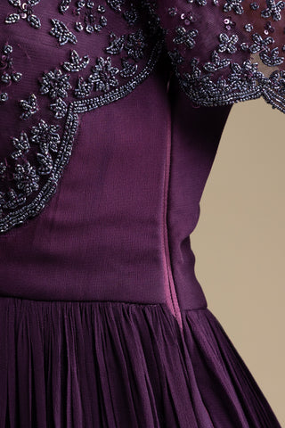 Imperial Plum Hand-Embroidered Gown with Flowy Skirt Detailing