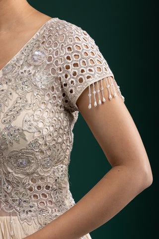 Exquisite Ivory Layered Gown with Intricate Embroidery Detailing