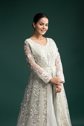 Mint Green Sheer Embroidered Net Jacket with Inner Dress