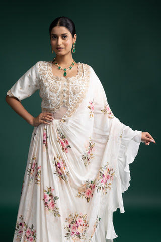 Ivory Floral Printed Ruffle Gown with Detailed Blouse Bodice