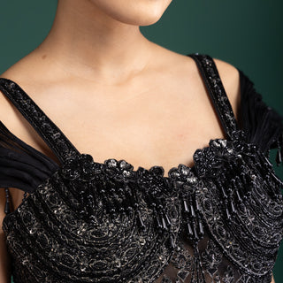 Midnight Noir Hand Embroidered Gown with Dramatic Tassel Detailing