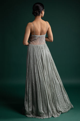 Serene Mint Green Gown with Delicate Floral Appliqué and Soft Pleats