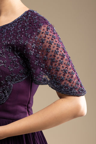 Imperial Plum Hand-Embroidered Gown with Flowy Skirt Detailing