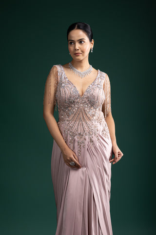 Statement Mauve Pink Embellished Gown with Beaded Fringe Sleeves
