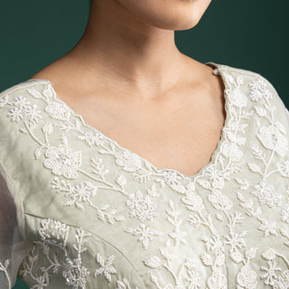 Mint Green Sheer Embroidered Net Jacket with Inner Dress