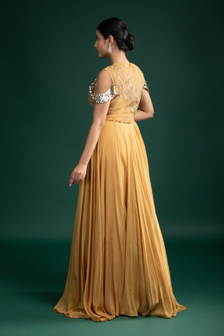 Elegant Golden Mustard Gown with Cut-out Sleeve Embellishment