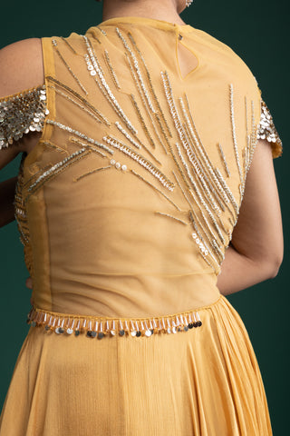 Elegant Golden Mustard Gown with Cut-out Sleeve Embellishment