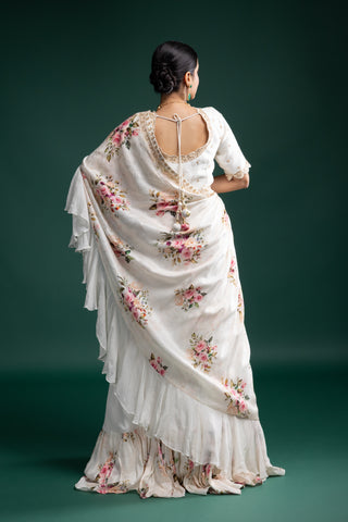 Ivory Floral Printed Ruffle Gown with Detailed Blouse Bodice