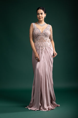 Statement Mauve Pink Embellished Gown with Beaded Fringe Sleeves