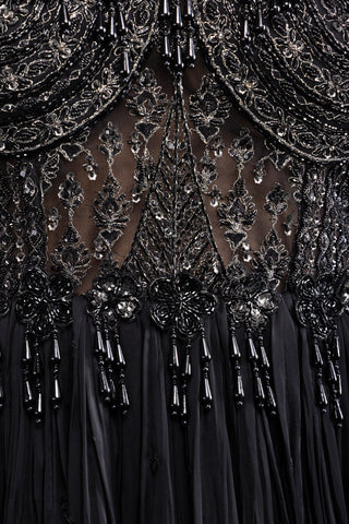 Midnight Noir Hand Embroidered Gown with Dramatic Tassel Detailing
