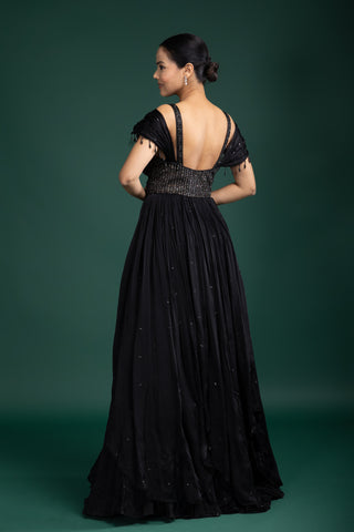 Midnight Noir Hand Embroidered Gown with Dramatic Tassel Detailing