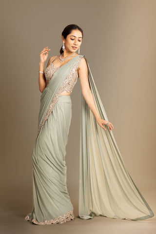 Sage Olive  Drape Saree Set