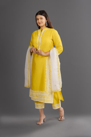 White Embroidered Yellow Kurta Set