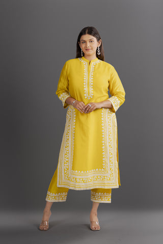 White Embroidered Yellow Kurta Set