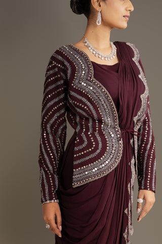 Deep Wine Ruffle Drape Saree Set