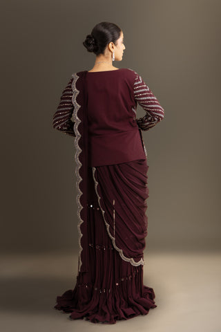 Deep Wine Ruffle Drape Saree Set