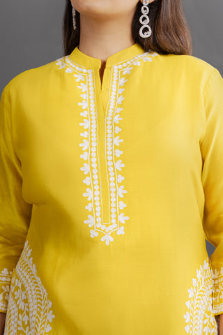 White Embroidered Yellow Kurta Set