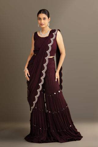 Deep Wine Ruffle Drape Saree Set