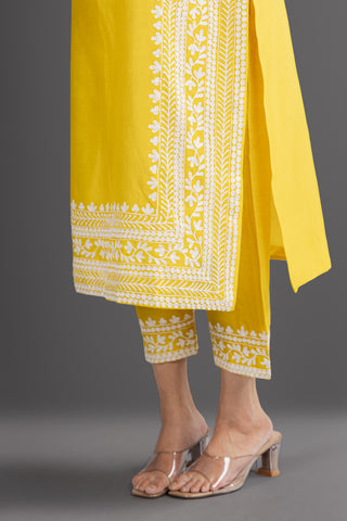 White Embroidered Yellow Kurta Set