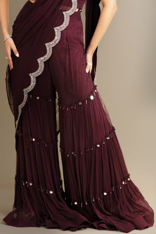 Deep Wine Ruffle Drape Saree Set