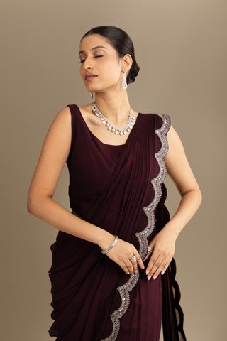 Deep Wine Ruffle Drape Saree Set