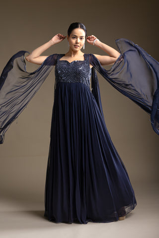 Starry Midnight Blue Gown with Fully Sequinned Bodice and Dramatic Draped Sleeves