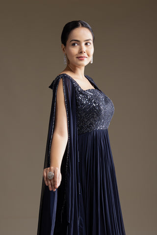 Starry Midnight Blue Gown with Fully Sequinned Bodice and Dramatic Draped Sleeves
