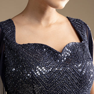 Starry Midnight Blue Gown with Fully Sequinned Bodice and Dramatic Draped Sleeves