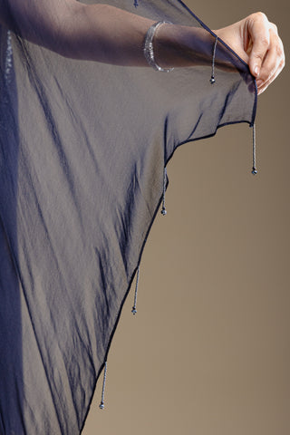 Starry Midnight Blue Gown with Fully Sequinned Bodice and Dramatic Draped Sleeves