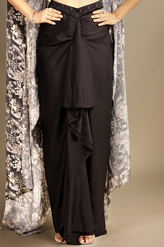 Black and Grey Printed Drape Saree Set