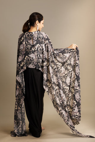 Black and Grey Printed Drape Saree Set