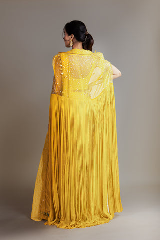 Mirror Work Yellow Drape Saree Set