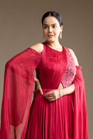 Scarlet Red Cold-Shoulder Flared Gown