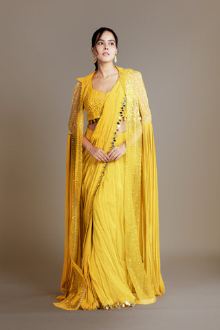 Mirror Work Yellow Drape Saree Set