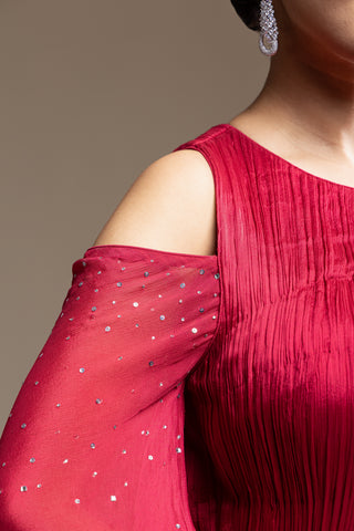 Scarlet Red Cold-Shoulder Flared Gown