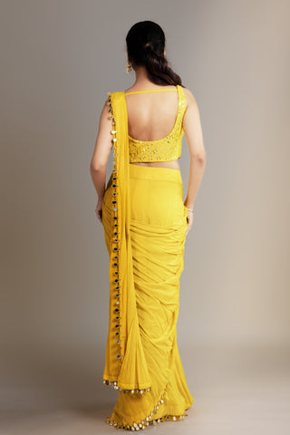 Mirror Work Yellow Drape Saree Set