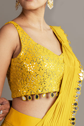 Mirror Work Yellow Drape Saree Set