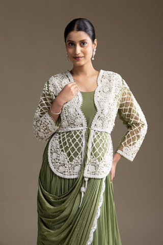 Earthy Olive Green Gown with Ivory Embroidery