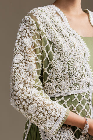 Earthy Olive Green Gown with Ivory Embroidery