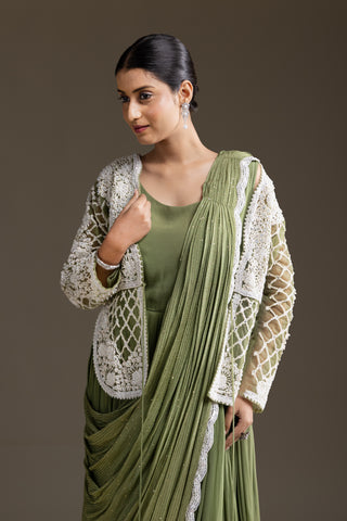 Earthy Olive Green Gown with Ivory Embroidery
