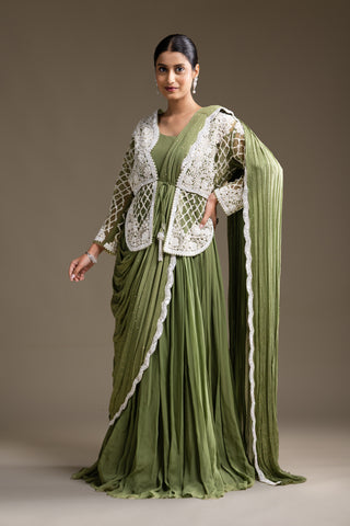 Earthy Olive Green Gown with Ivory Embroidery